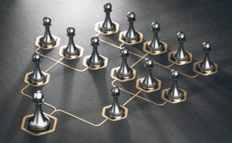 Chess pieces connected in a network-like arrangement